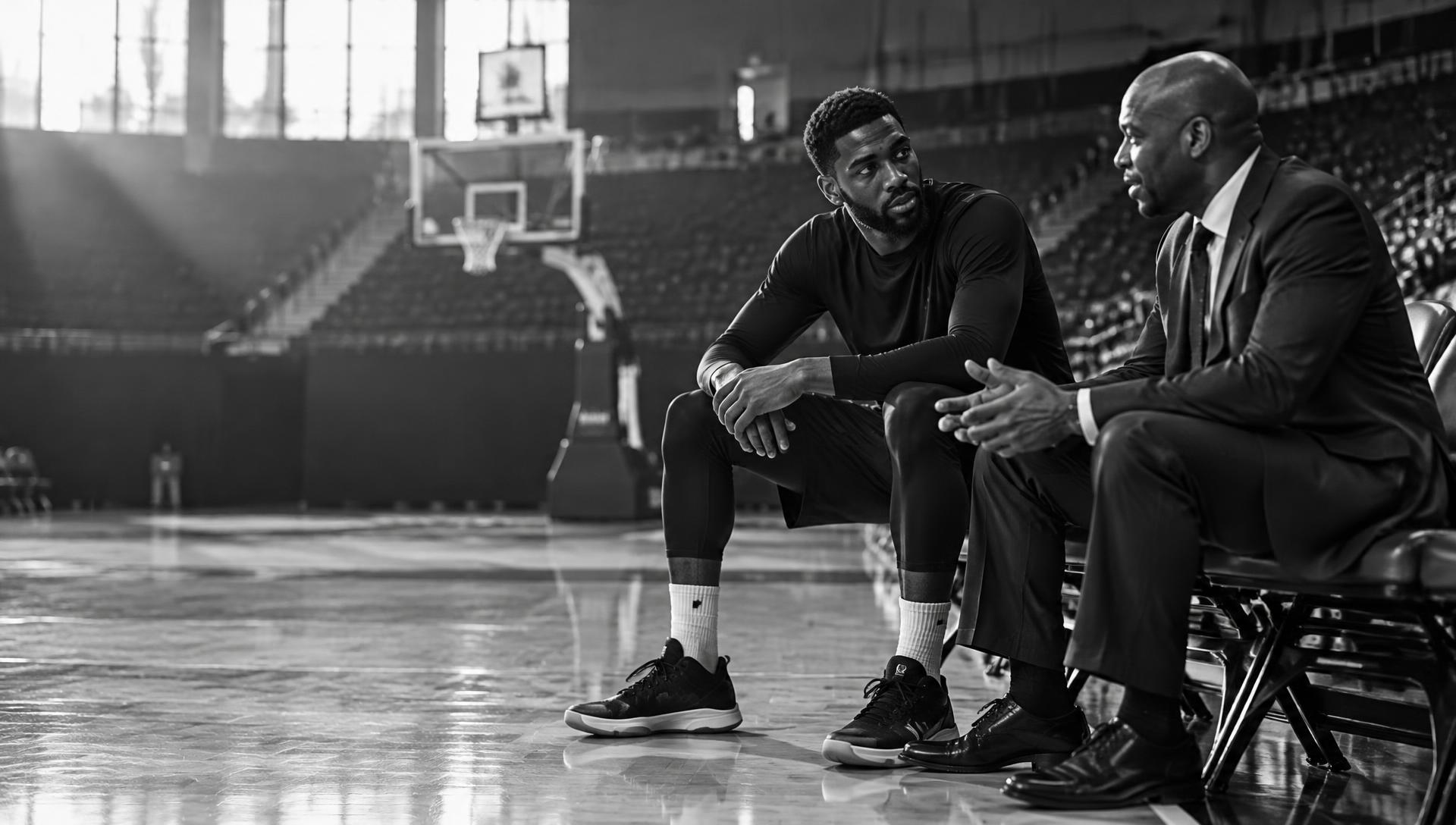 An athlete and agent discussing their next opportunity courtside